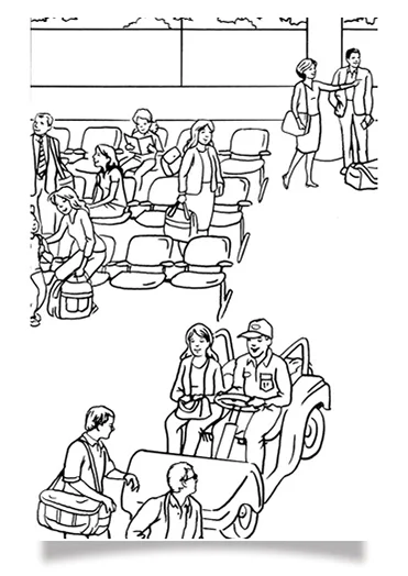 Complex line drawing illustration of people in outdoor seats and two adults driving a golf cart