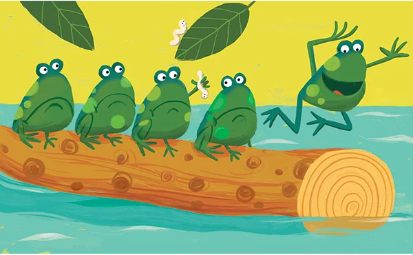Complex sample illustration of frogs on a log floating down the river