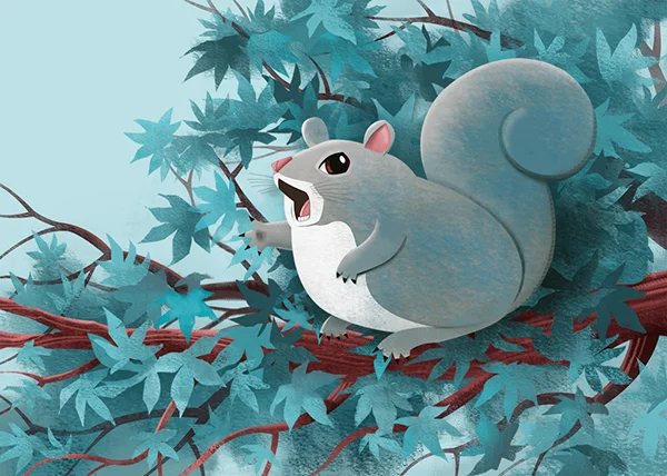 Complex sample illustration of a squirrel on the limb of a leafy tree