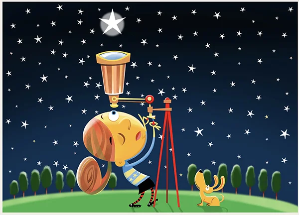 Complex illustration of a girl looking thru a telescope at the night stars