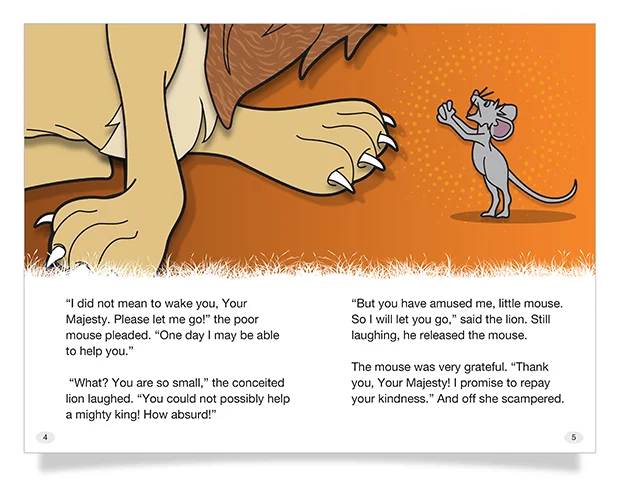 The Lion and the Mouse interior page layout design with image and copy