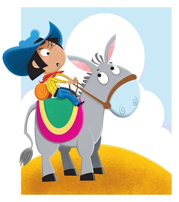 Medium illustration of a young boy wearing a sombrero riding a donkey