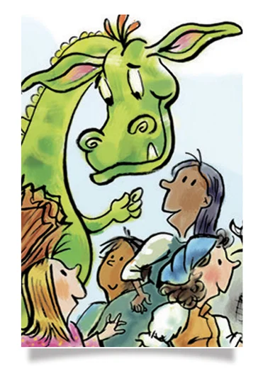 Super complex illustration of a dragon surrounded by happy, diverse children