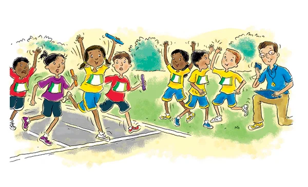 Super complex illustration of a foot race and runners crossing the finish line