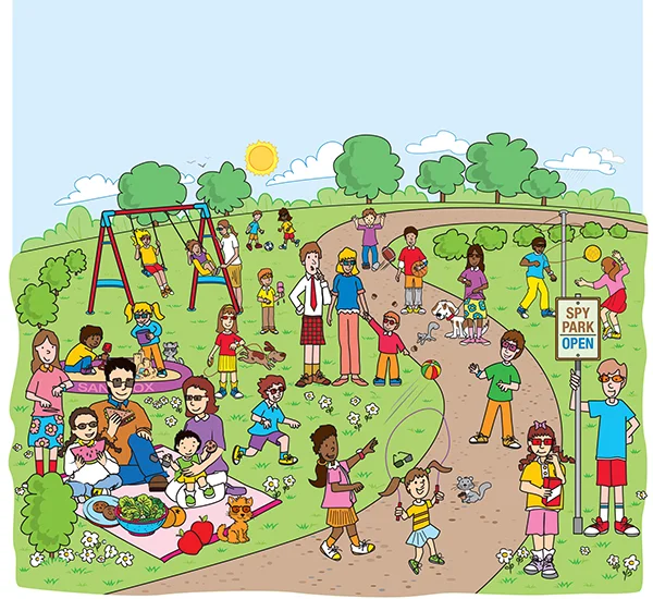 Super complex illustration of a busy playground with families picnicking and children playing