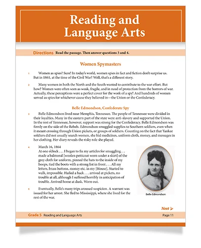 Reading and Language arts assessment sample